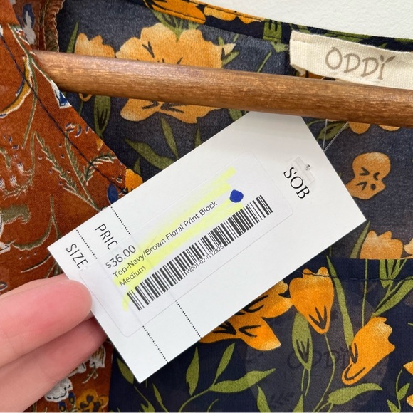 Oddy navy brown floral print block blouse top mixed media tassels boho medium - Picture 9 of 10